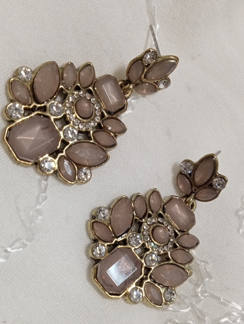 Gold-Tone Pink-Beige Statement Drop Earrings